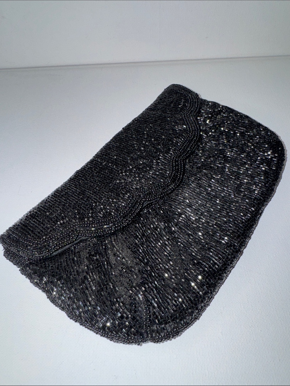 Venizia Vintage Black Beaded Evening Clutch Bag Shimmer Scalloped Flap